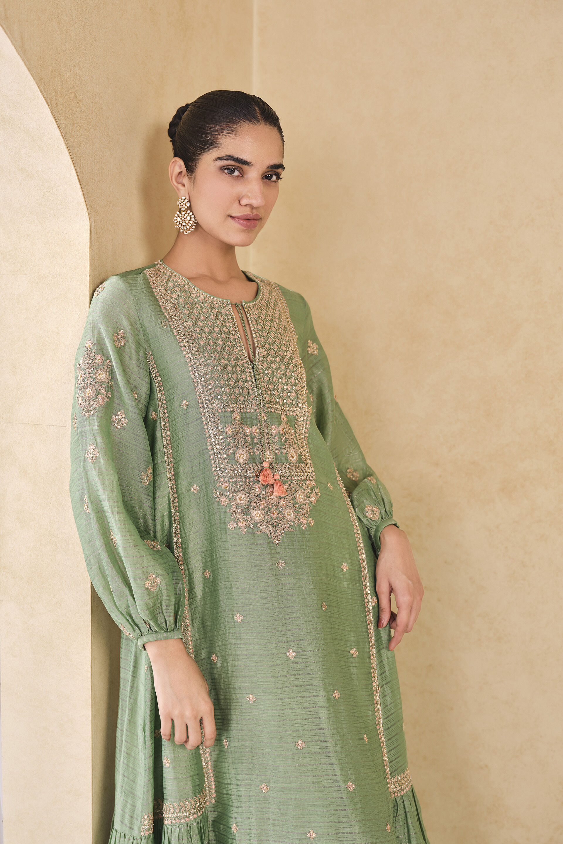Molopo Embroidered Zardozi Mul Kaftan - Sage, Sage, image 4